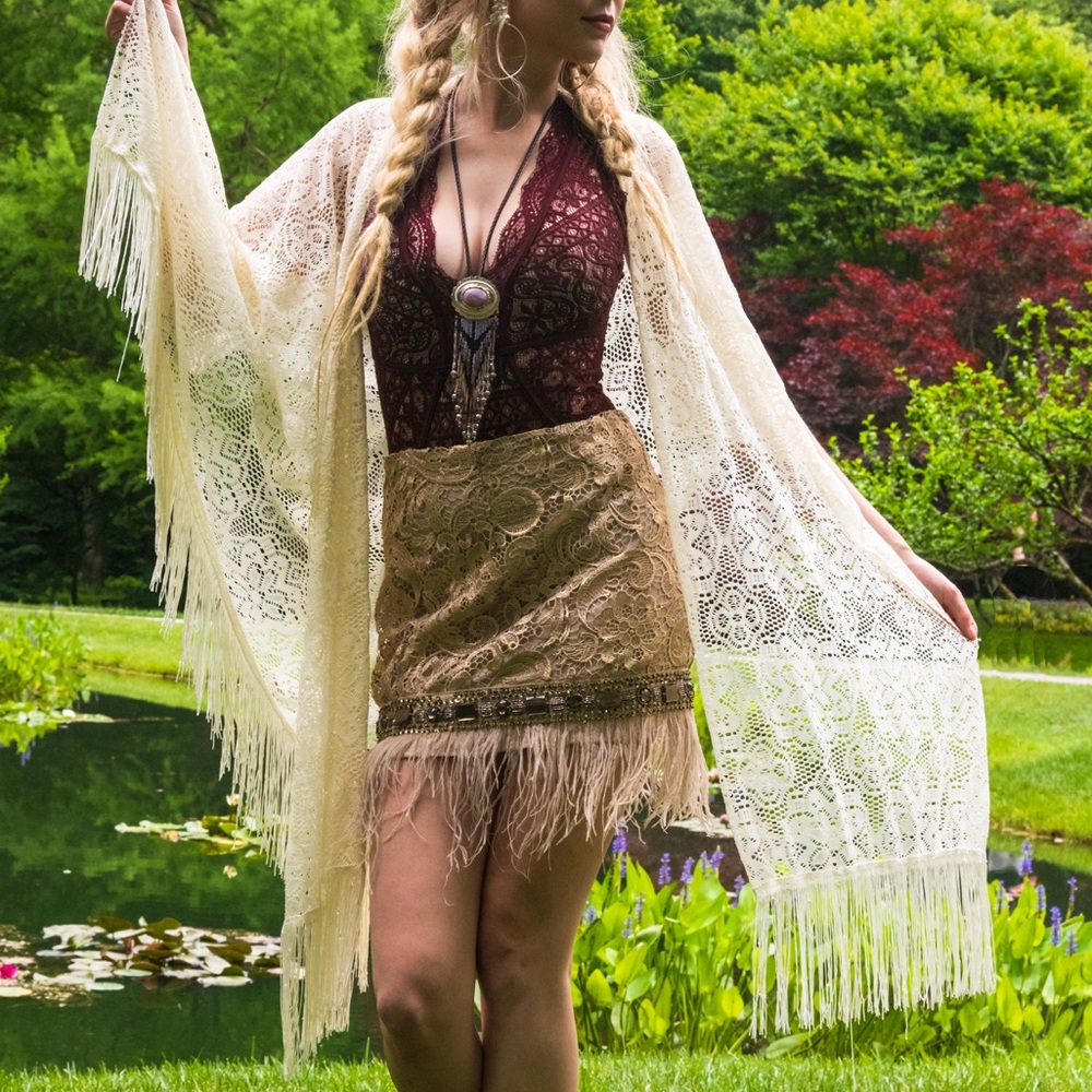 EndlessRose Lace Embroidered Jeweled Feather Skirt